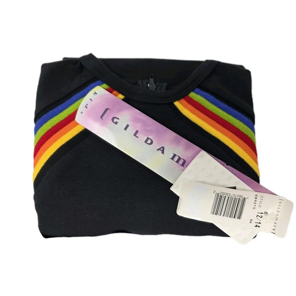 Gilda Marx VTG 80s Cotton Rainbow Stripe LS Leotard Child 12/14 Black NWT